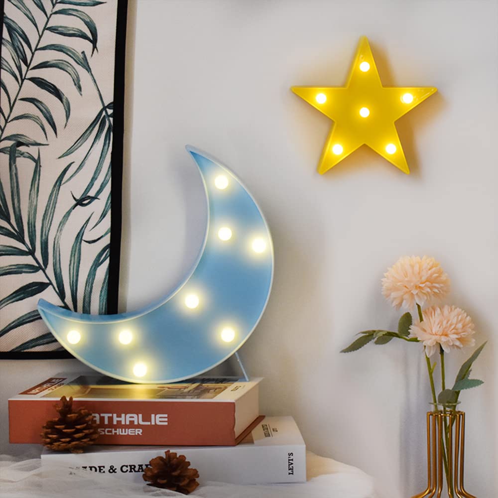 GUOCHENG Lovely Moon&Star Night Light Set Battery Operated LED Star Marquee Sign Decorative Moon Table Lamps for Baby Children Bedroom Nursery, Christmas Birthday Gifts(Blue Moon&Yellow Star)