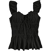 SweatyRocks Women's Babydoll Tops Tie Front Cute Flowy Ruffle Smocked Peplum Blouse Shirt