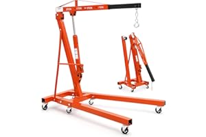 GARVEETECH 2-Ton Folding Engine Hoist Cherry Picker 4400 Lb Capacity Hydraulic Shop Crane with Telescoping Boom 6 Caster Wheels for Automotive Repair Garage Use Includes Hitch and Storage Stand Orange