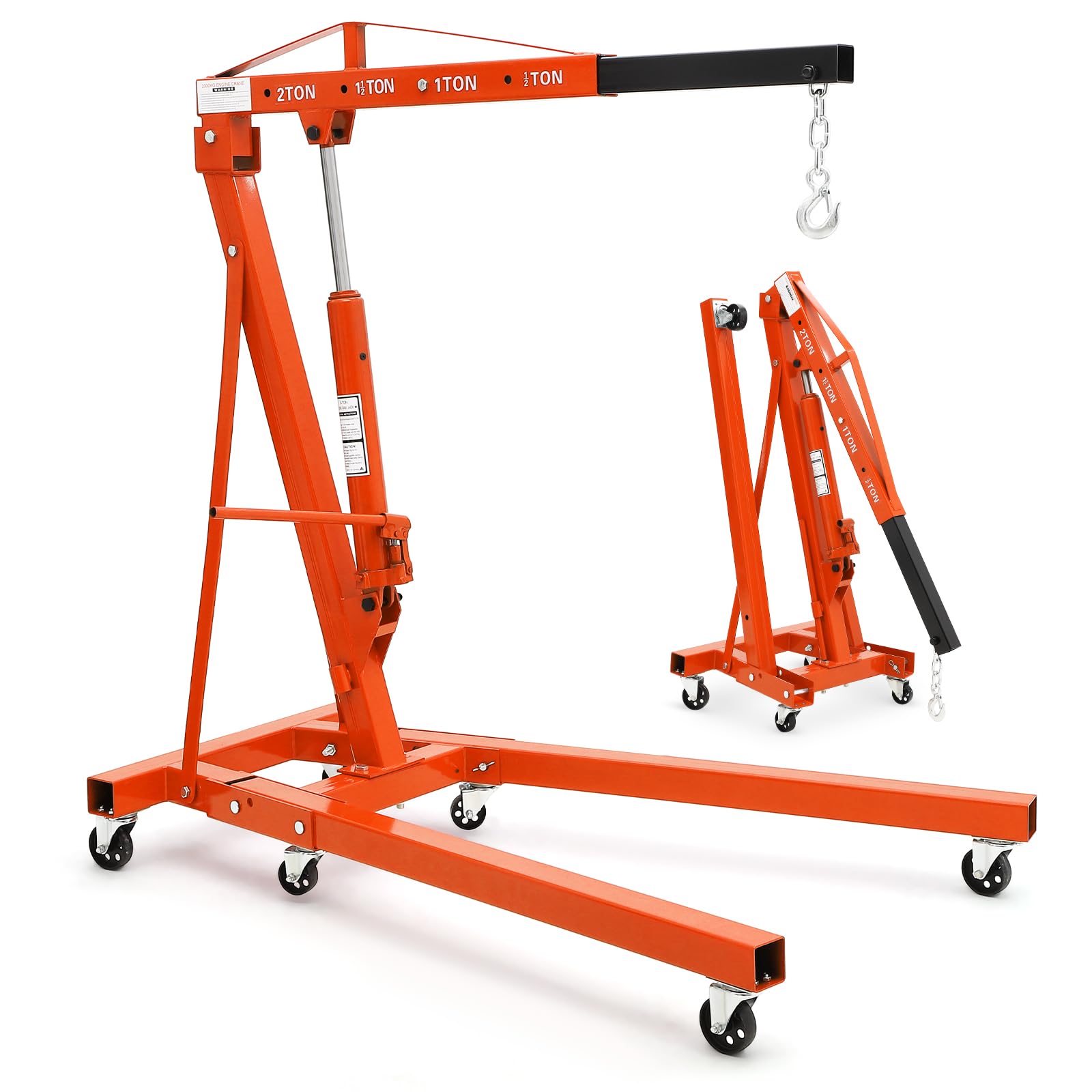 Photo 1 of 2-Ton Folding Engine Hoist Cherry Picker 4400 Lb Capacity Hydraulic Shop Crane with Telescoping Boom 6 Caster Wheels for Automotive Repair Garage Use Includes Hitch and Storage Stand Orange