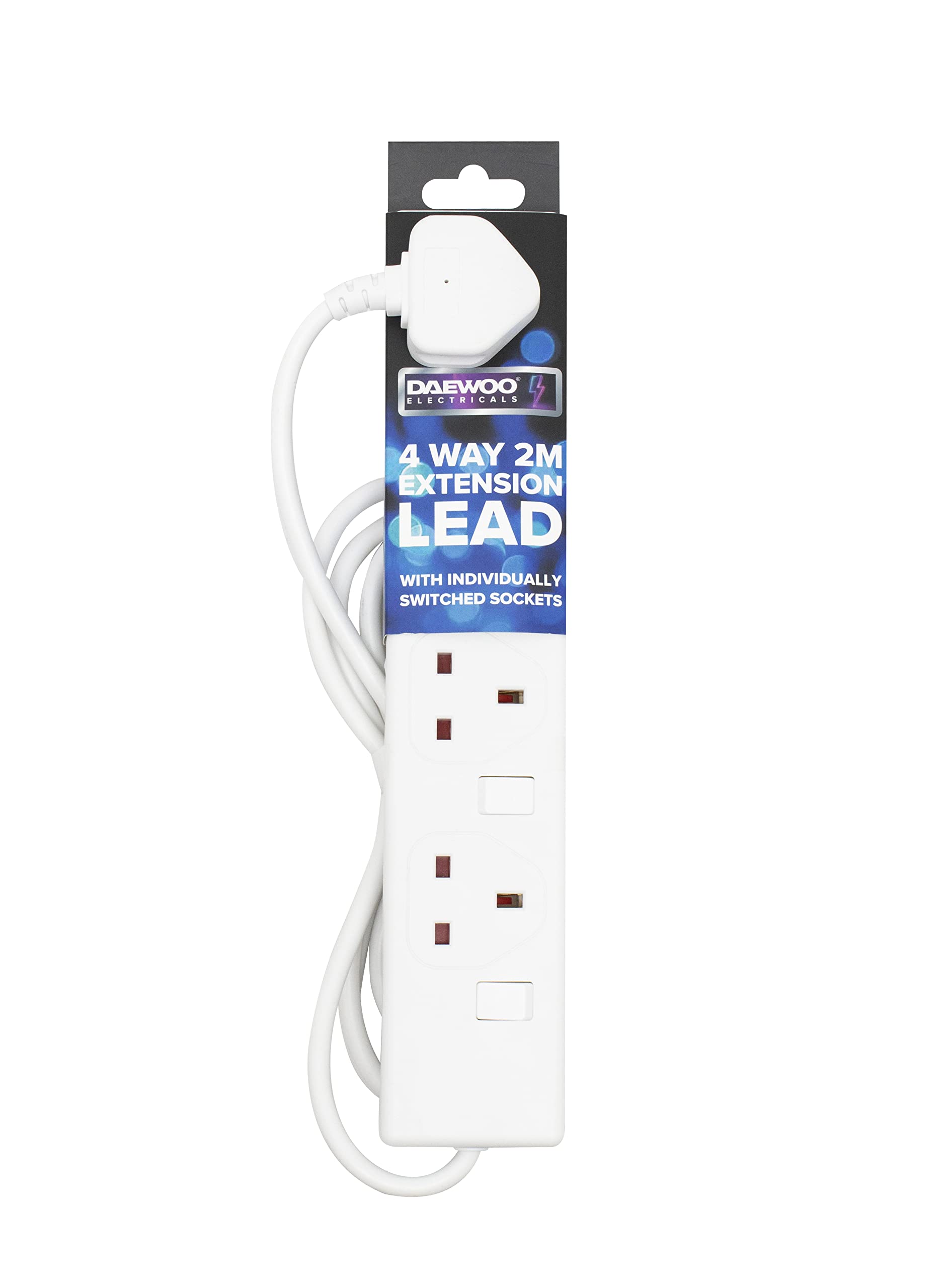 Pifco 4 Way UK 3Pin Plug 13A 250V Extension Lead with 2 Metre Cable and Single Plug Switches - Neon Power On Indicator - White
