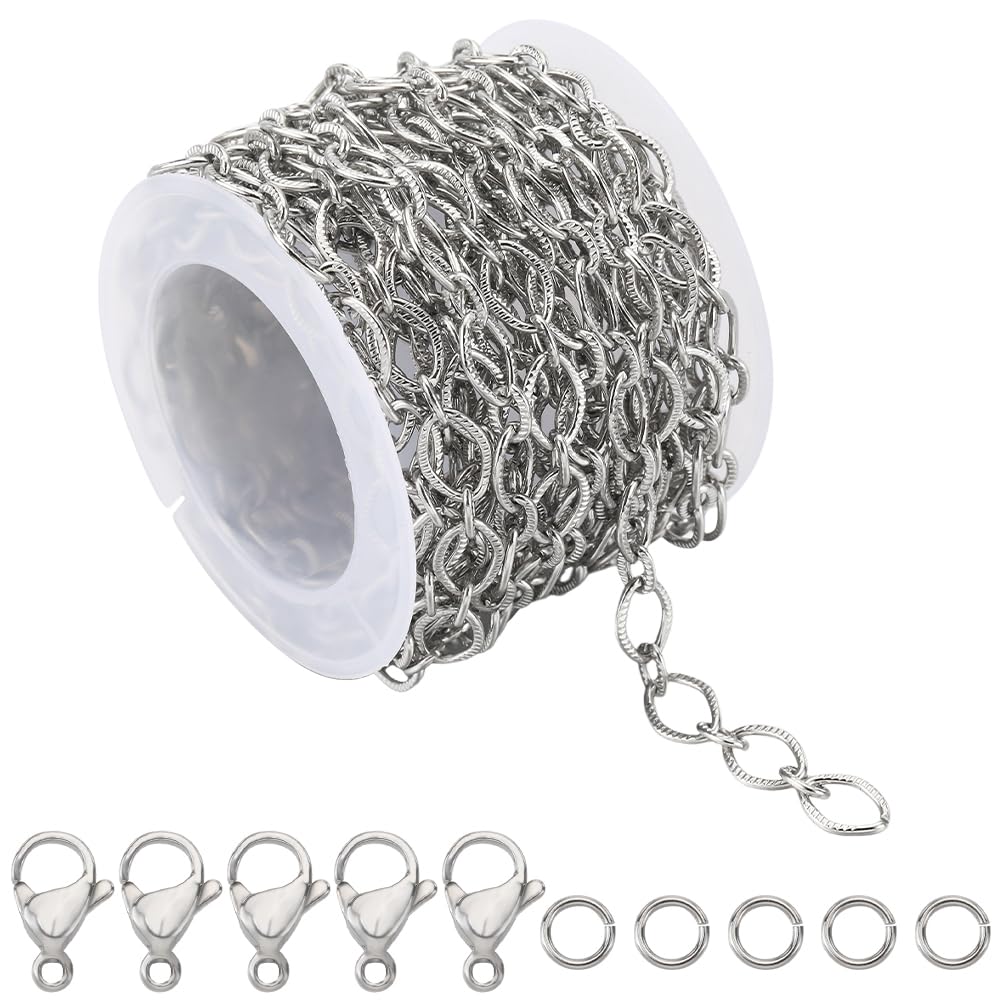 SUNNYCLUE 16.4Feet/ 5m Stainless Steel Jewellery Chain Roll 6x9mm Embossed Circle Link Chain Spool Rolo Chain Links 50Pcs Open Jump Rings 20Pcs Lobster Claw Clasps for Jewellery Making Supplies DIY — image 1
