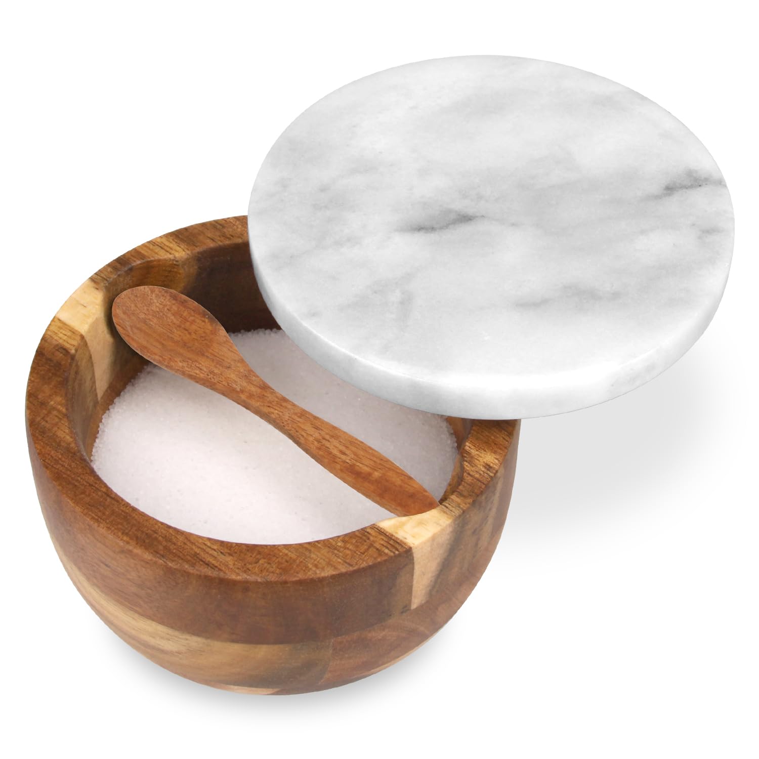 Photo 1 of **Missing spoon** HESHIBI Salt Cellar Box with Lid & Spoon, Modern White Stone Salt or Pepper Sugar Spice Seasoning Bowl Container Jar Holder Well Keeper Dish Pig Crock for Kitchen (White Grey Marble Lid)