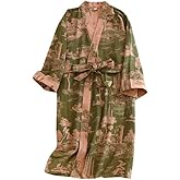 PRINCESS BRIDE Cotton Gauze Partial Lapel Traditional Pajamas Soft Nightgown Breathable Kimono Absorbent Bathrobe Spa Yukata, L, Green-pink