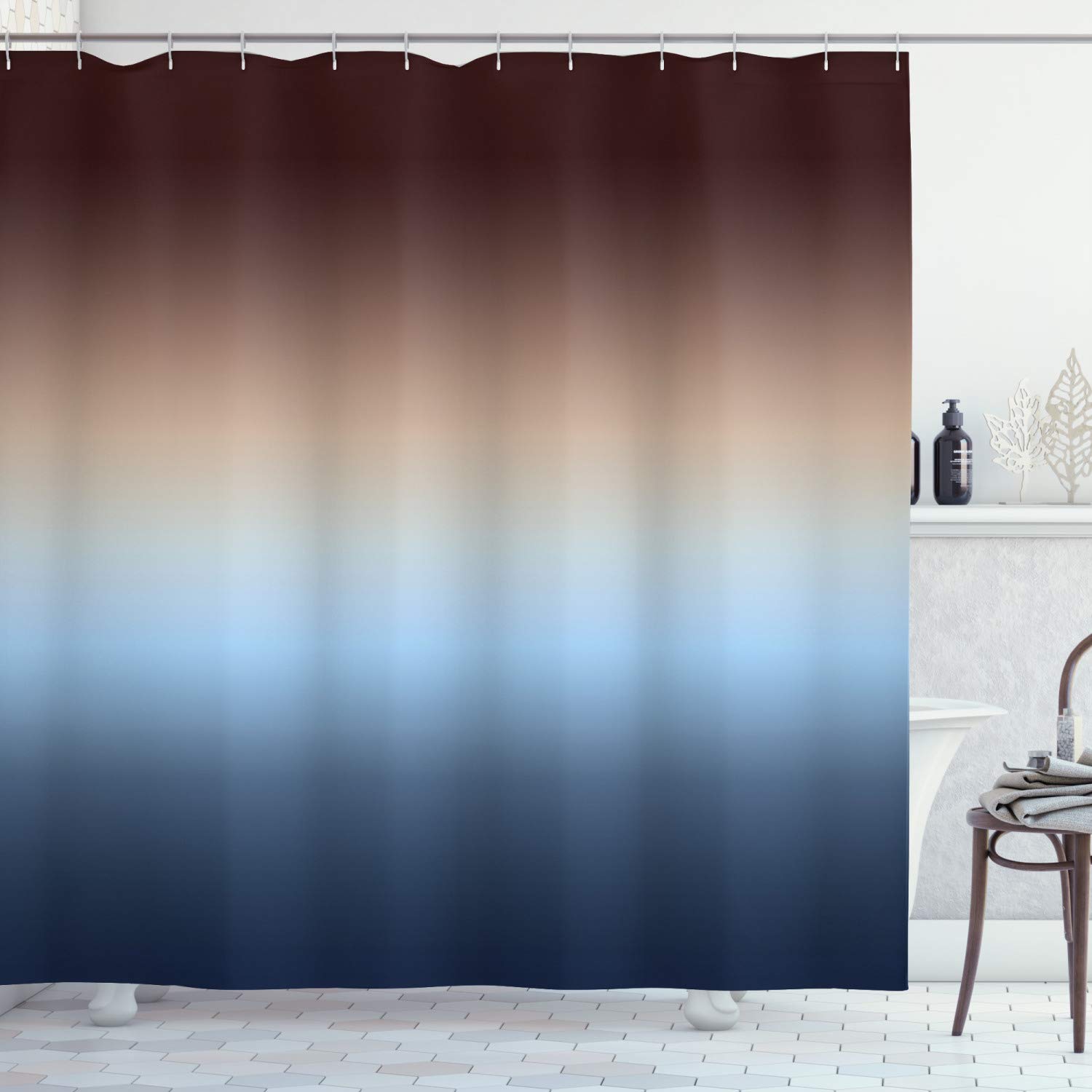 ABAKUHAUS Ombre Shower Curtain, Arrangement with Gradual Color Change Modern Ornamentation Abstract Illustration, Cloth Fabric Bathroom Decor Set with Hooks, 70 Inches, Blue Brown