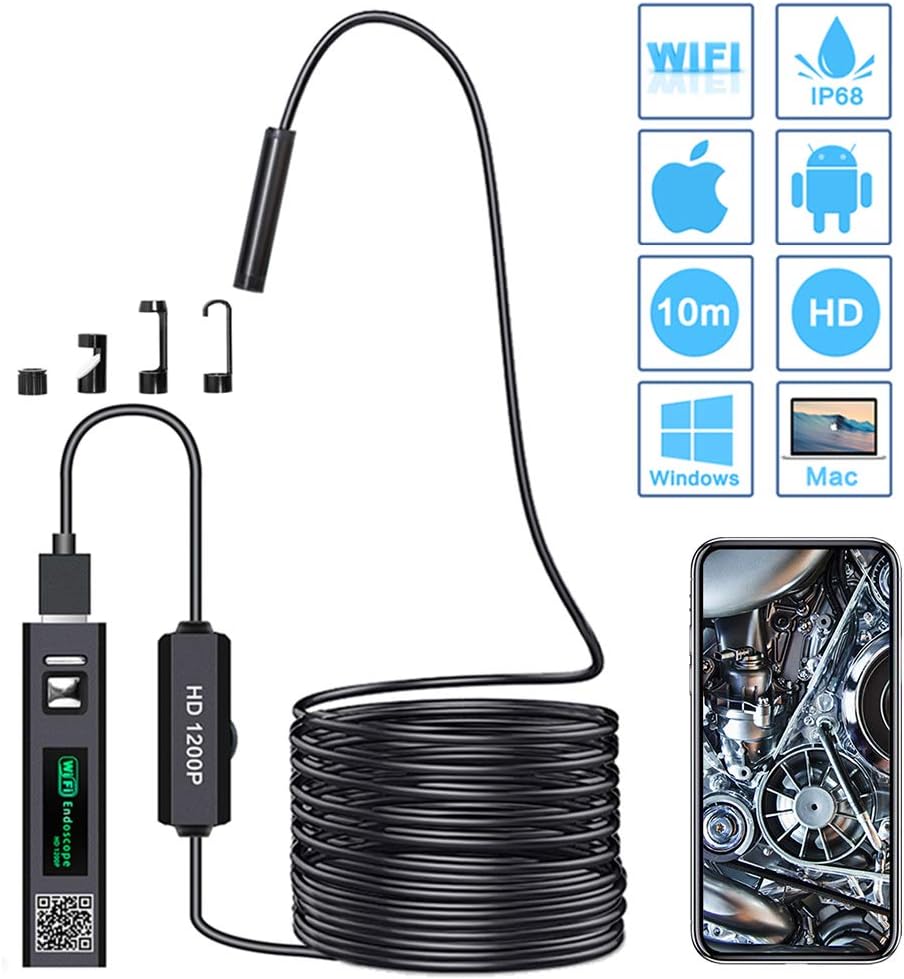 PiAEK Endoscope, Inspection Camera Wireless WiFi 2.0 Megapixels 1200P HD Borescope, IP68 Waterproof Tube Snake Camera with 8 LED for Android IOS MAC Laptop Windows-10M