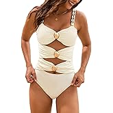 Fanuerg Women's One Piece Swimsuit Sexy Cutout Color Block Bathing Suit Golden O Ring Linked Swimwear