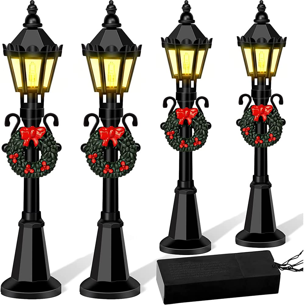 Ozgkee 4 Pcs Christmas Mini Street Light Model Bench Miniature Railway Train Post Light Pathway Lantern Post Lamp Outdoor for DIY Micro Landscape Fairy Garden Accessories (A)