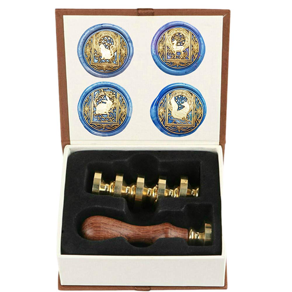 ANBOSE Starry Animal Wax Seal Stamp Set with 4 PCS Removable Brass Heads and 1 Wooden Handle, Retro Vintage Cat Deer Rabbit Fox Sealing Wax Stamp for Letter Cards Invitations