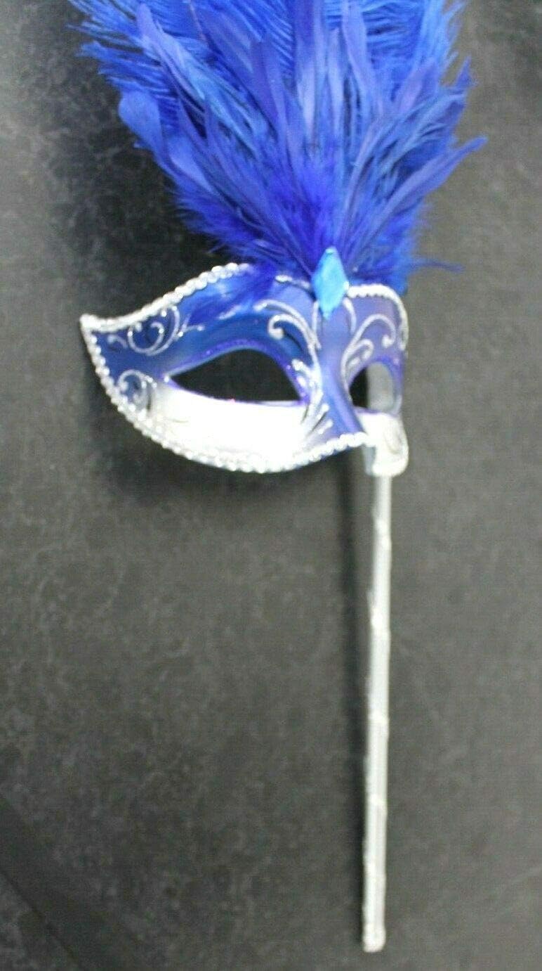 LADIES BLUE & SILVER VENETIAN MASQUERADE HALLOWEEN CARNIVAL PARTY EYE BALL LONG FEATHER MASK ON A STICK, Blue Silver, 8cm Deep - Image 5