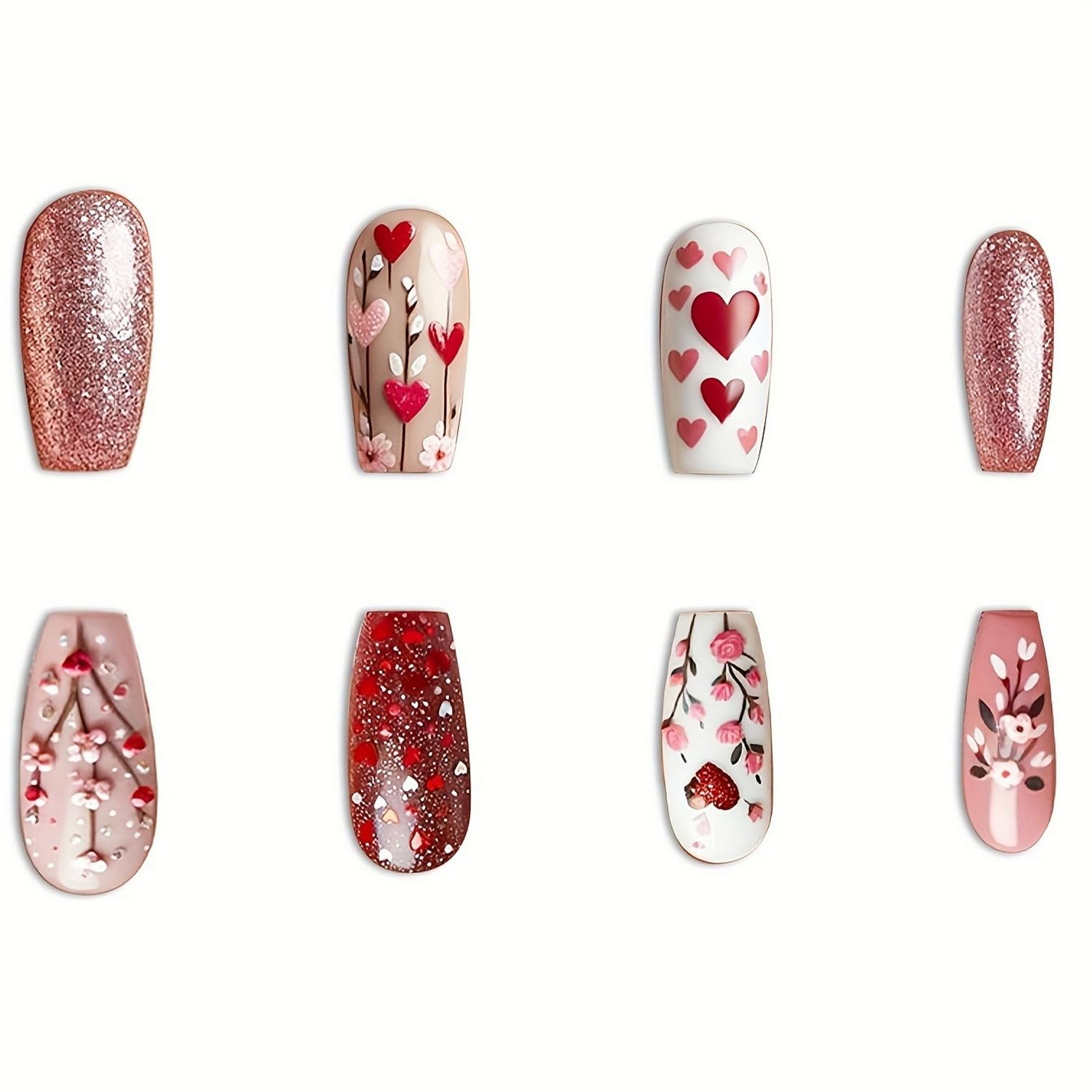 24 Pcs Valentines Glitter Press on Nails Glossy Fake Nails Red Heart and Flowers Design Medium Coffin False Nails Sparkly Full Cover Stick on Nails Valentines Nails for Women DIY Manicure Decor - Image 4