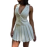 Seltaon Womens Summer Skirt Sets Women 2 Piece Outfits V Neck Blazer Vest and Mini Pleated Skirts Matching Suit