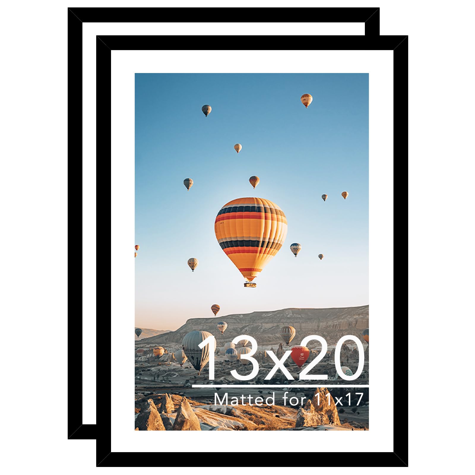 JCJMY 13x20 Picture Frame with 11x17 Mat Set of 2, Display Photo 11x17 with Mat or 13 x 20 Without Mat, Wall Hanging Large 13 by 20 Poster Frame with Plexiglass, 2 Pack, Black
