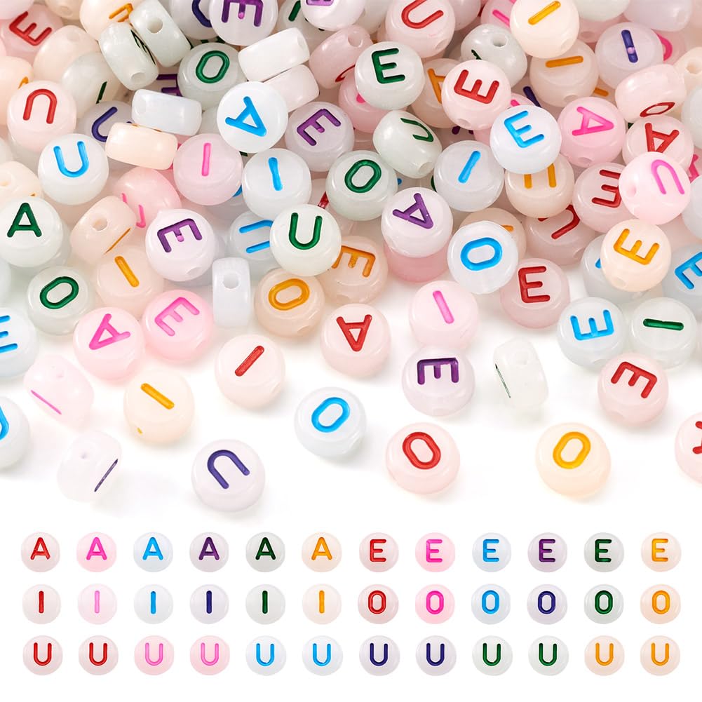 Cheriswelry 500Pcs Vowel Acrylic Letter Beads - Flat Round Alphabet 7mm Luminous Colorful Loose for Jewelry Making
