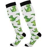 Pigsaly Cartoon Crocodiles Women's Compression Socks Green Alligator Athletic Tube Sock Unisex Casual Knee High Socks Outdoor Sport Socks For Running Hiking Travel
