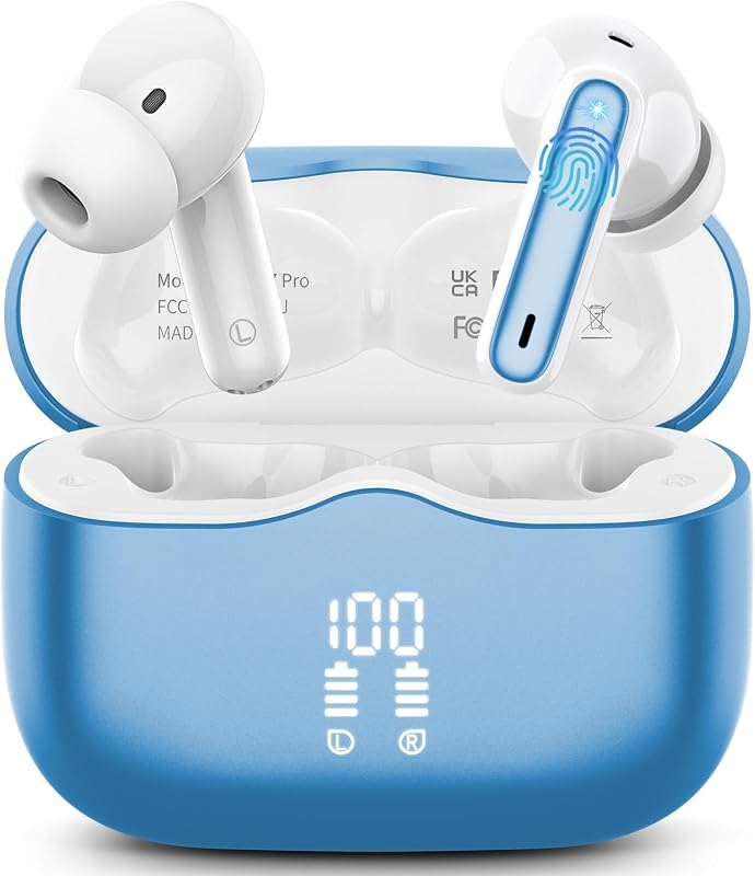 Auriculares Inalambricos, Auriculares Bluetooth 5.3 In Ear con 4 HD Mic, HiFi Estéreo Cascos Inalambricos, 40H de Reproducción In-Ear Deportivos IP7 Impermeable, USB-C, Azul Claro