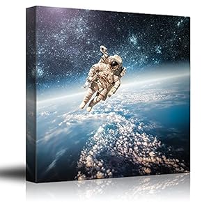 Courageous Astronaut Floating Around in Space with View to Planet Earth - Canvas Art Home Art - 12x12 inches