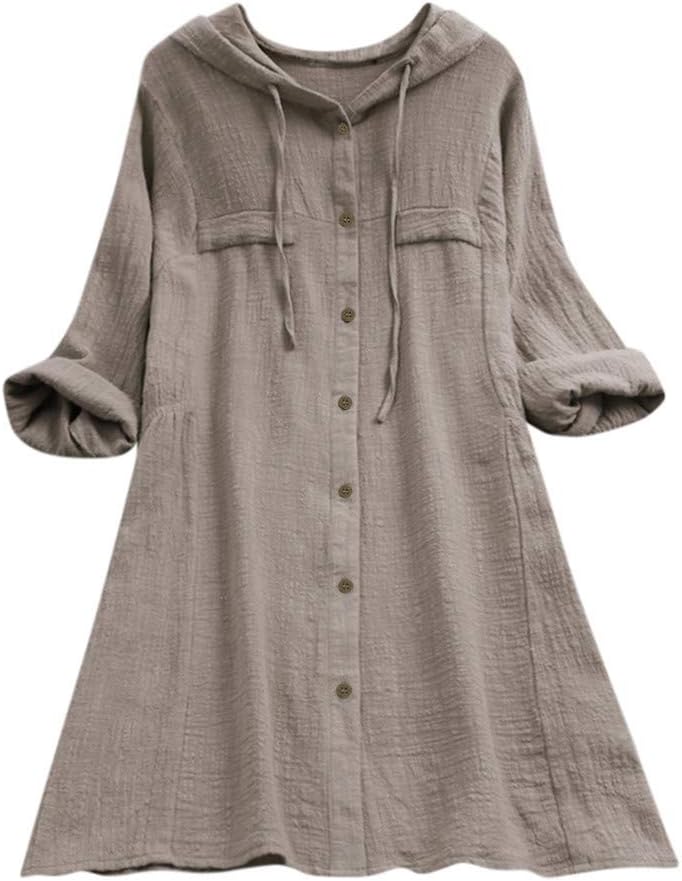 iNoDoZ Women's Casual Button Plus Size Cotton with Pocket Tops Tee Shirt Hooded Loose Tunic Blouse