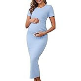 MARI GABRIEL Womens Maternity Dress Bodycon Midi Side Ruched Ribbed Wedding Guest Cocktail Pregnancy Dresses Photoshoot