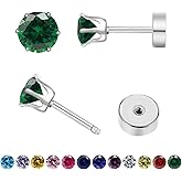 Hypoallergenic Birthstone Stud Earrings for Women Brilliant Cut Round Cubic Zirconia Flat Back Earrings Surgical Steel Cartilage Earrings for Sensitive Ears