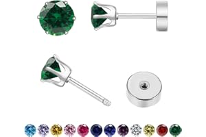 Hypoallergenic Birthstone Stud Earrings for Women Brilliant Cut Round Cubic Zirconia Flat Back Earrings Surgical Steel Cartil