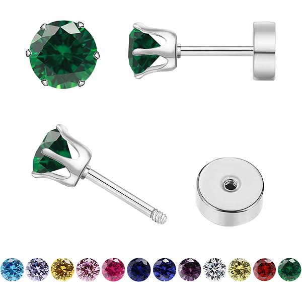 Boucles D'oreilles Clous En Argent 925 - Pierre Zircon Ronde 4mm (couleur Pierre De Naissance) - Neuf Avec Boîte