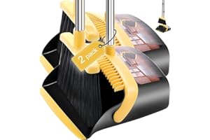2-Pack is More economical，Upgraded Broom and Dustpan， with 52" Long Handle, Dustpan Teeth with self-Cleaning Function, Indoor
