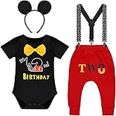 IMEKIS Toddler Boys Mouse 2nd Birthday Outfit Bowtie Romper Long Pants Headband Fall Winter Cake Smash Clothes