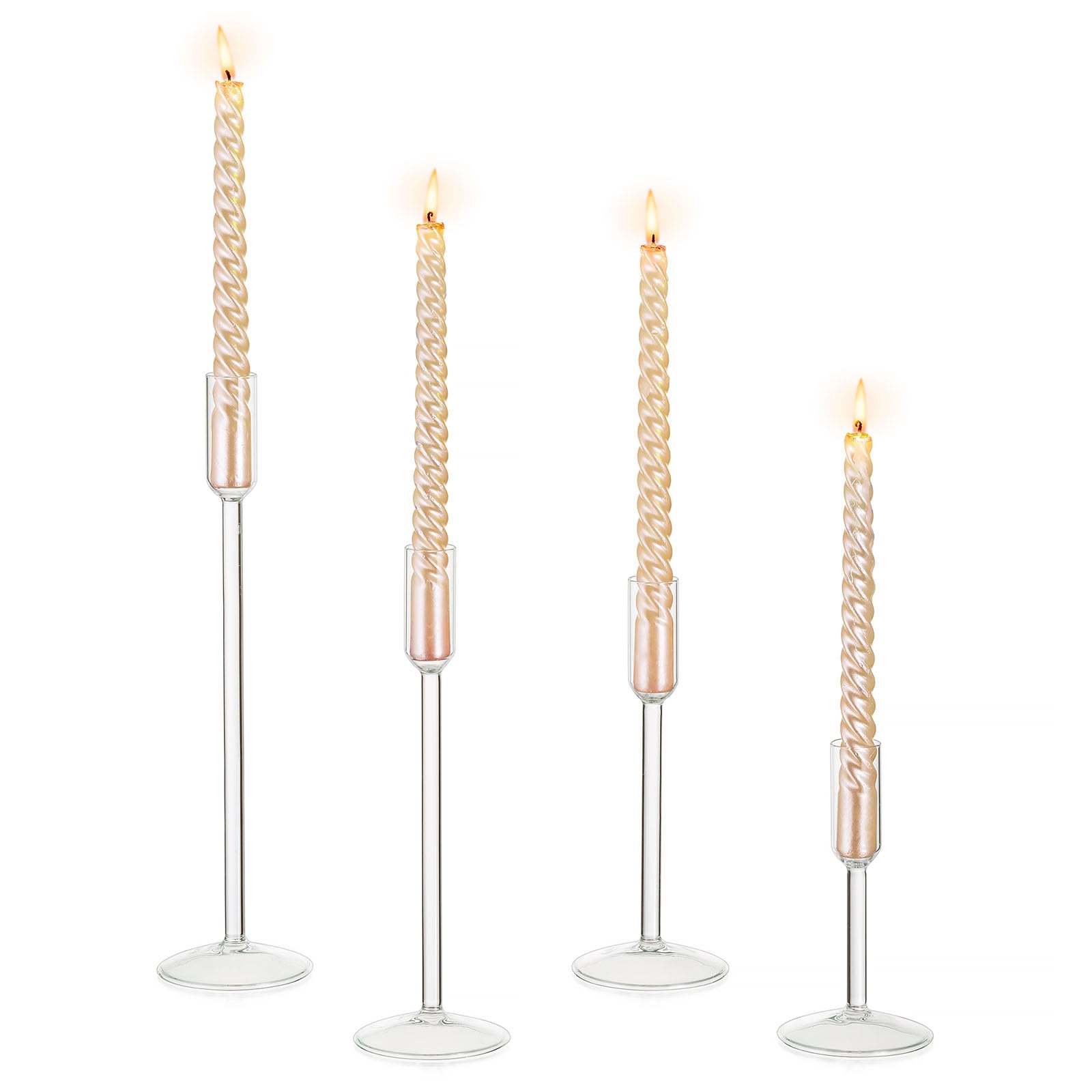 Inweder Candlestick Holders Glass Candle Holder: Set of 4 Candle Sticks Holder for Tapered Candles Clear Taper Candle Holder for Wedding Christmas Party Home Decor