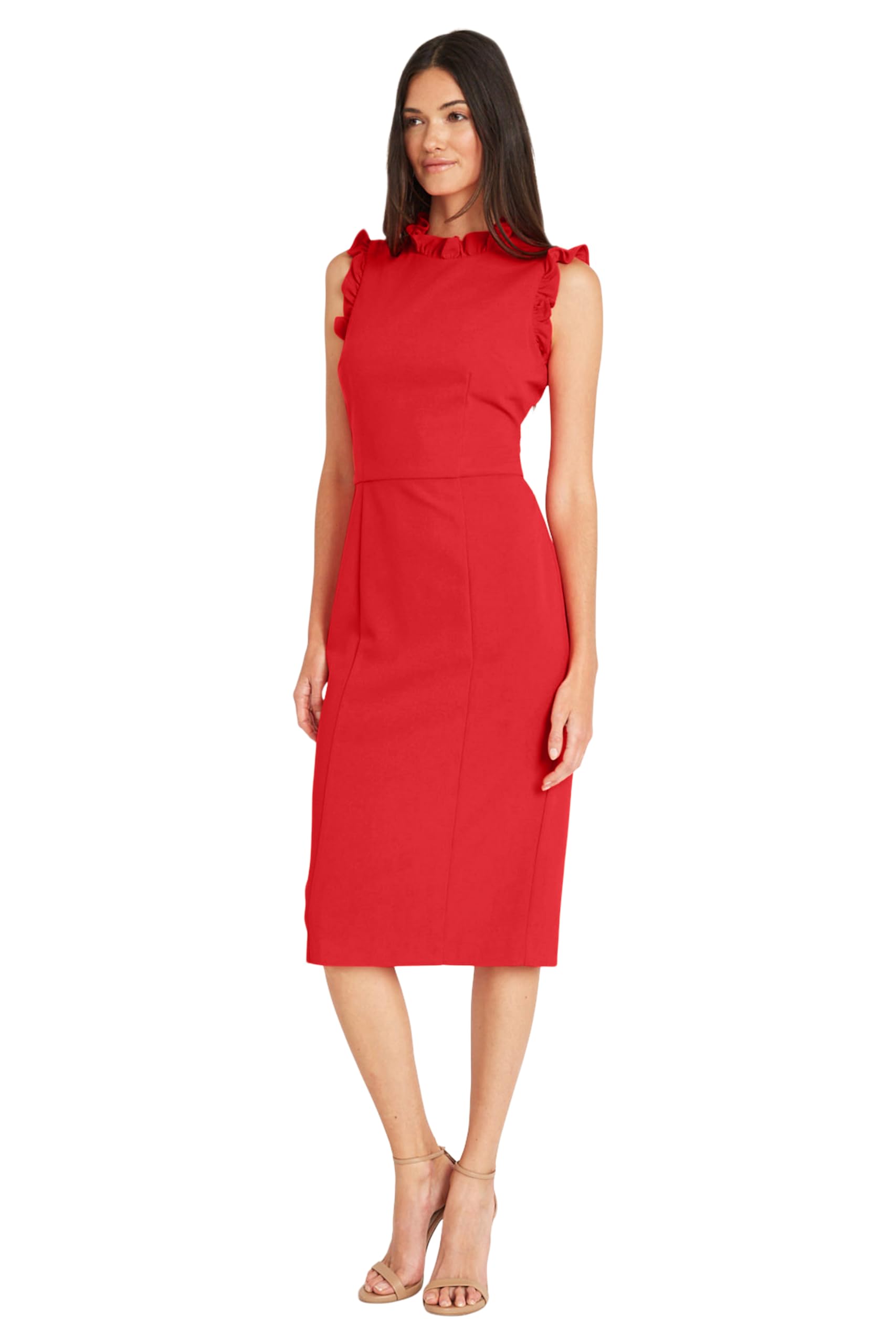Maggy London Women’s Ruffle Neck and Armhole Sheath Dress, Solid-Fiery Red