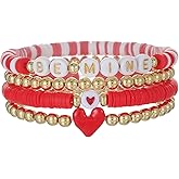 Caiyao Bohemia Polymer Clay Pink Red Love Heart Stackable Bracelets Set Colorful Multilayer Heishi Surfer Heart Beaded Stretch Bracelets for Women Summer Beach Holiday Valentine's Day Jewelry Gifts