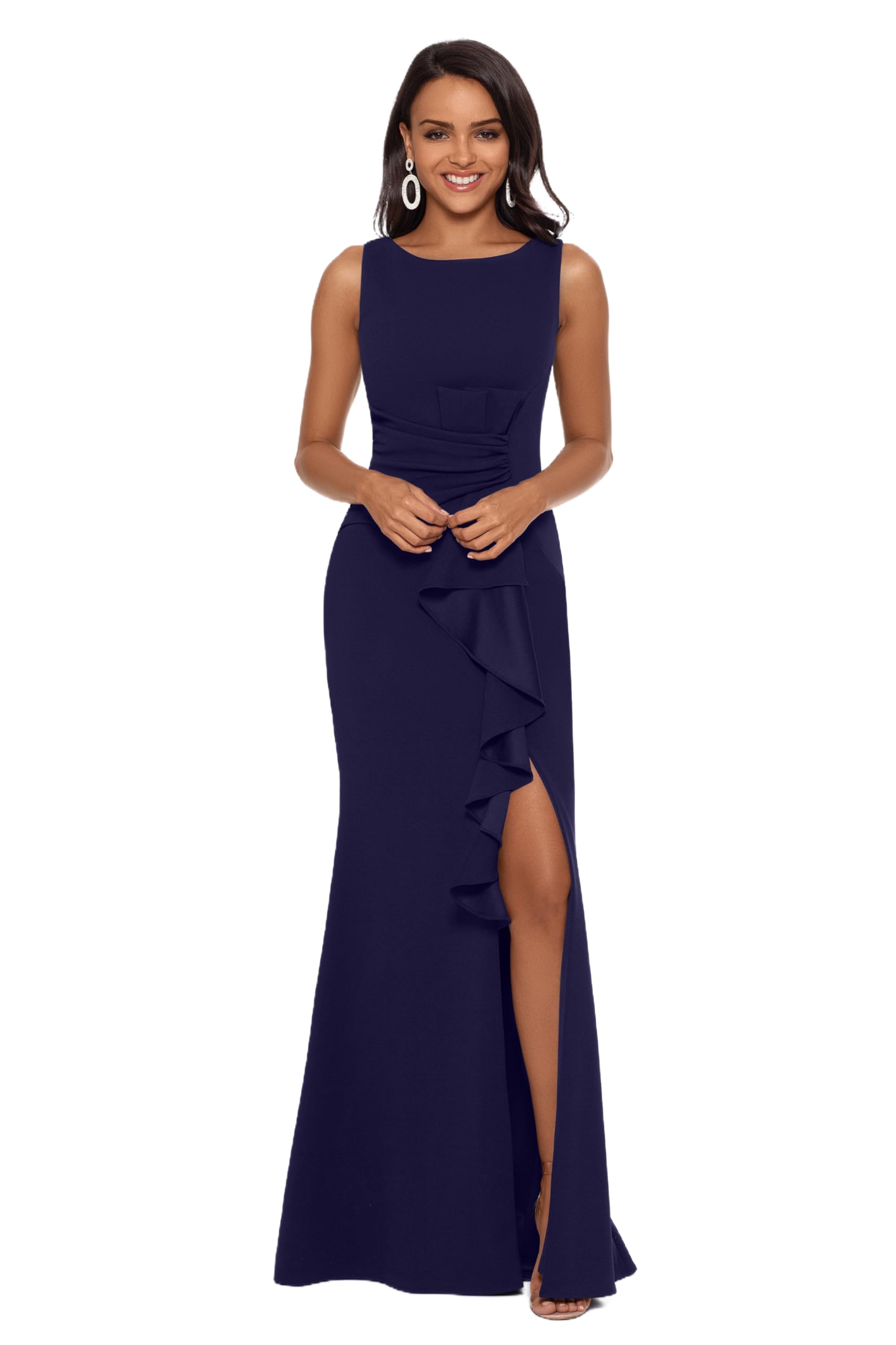 Betsy & Adam Womens Long Sleeveless Boat Neck Ruffle Side Slit Scuba Crepe Gown Special Occasion Dress, Navy, 12 US
