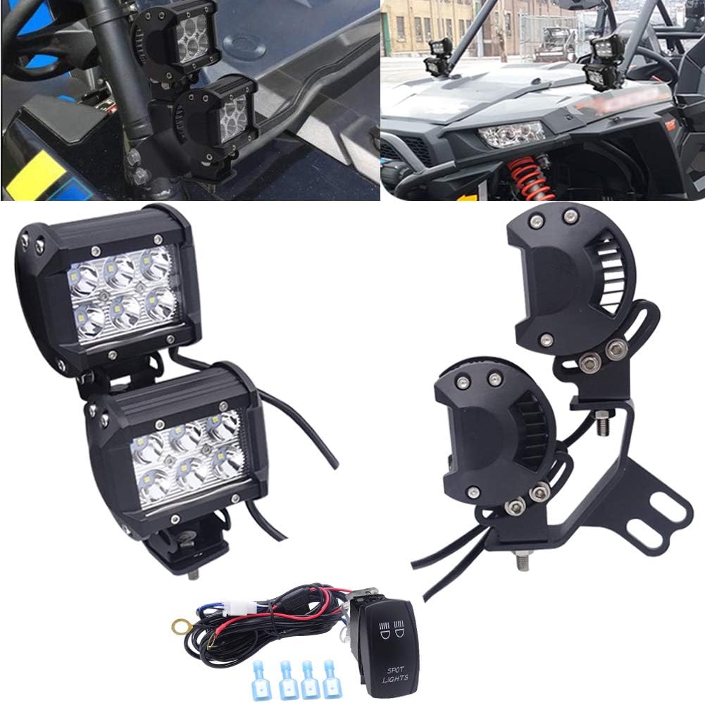 4x 18W LED Spot Work Light Pods & A-Pillar Roll Bar Dual Lights Mounting Brackets with Rocker Switch Wiring Kit for Polaris RZR XP 1000 900 Models 2014-2019