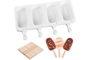 Sakolla Large Silicone Popsicle Mold, 4 Cavities Oval Ice Pop Molds with 50 Wooden Sticks for Homemade Ice Cream, Cakesicle, 