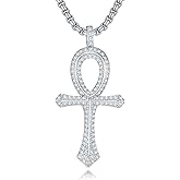 Lattd Ankh Necklace 925 Sterling Silver Iced Out Pave 5A CZ Ankh Cross Pendant Necklaces Egyptian Jewelry for Men Women, w/Stainless Steel Chain 22'' + 2''