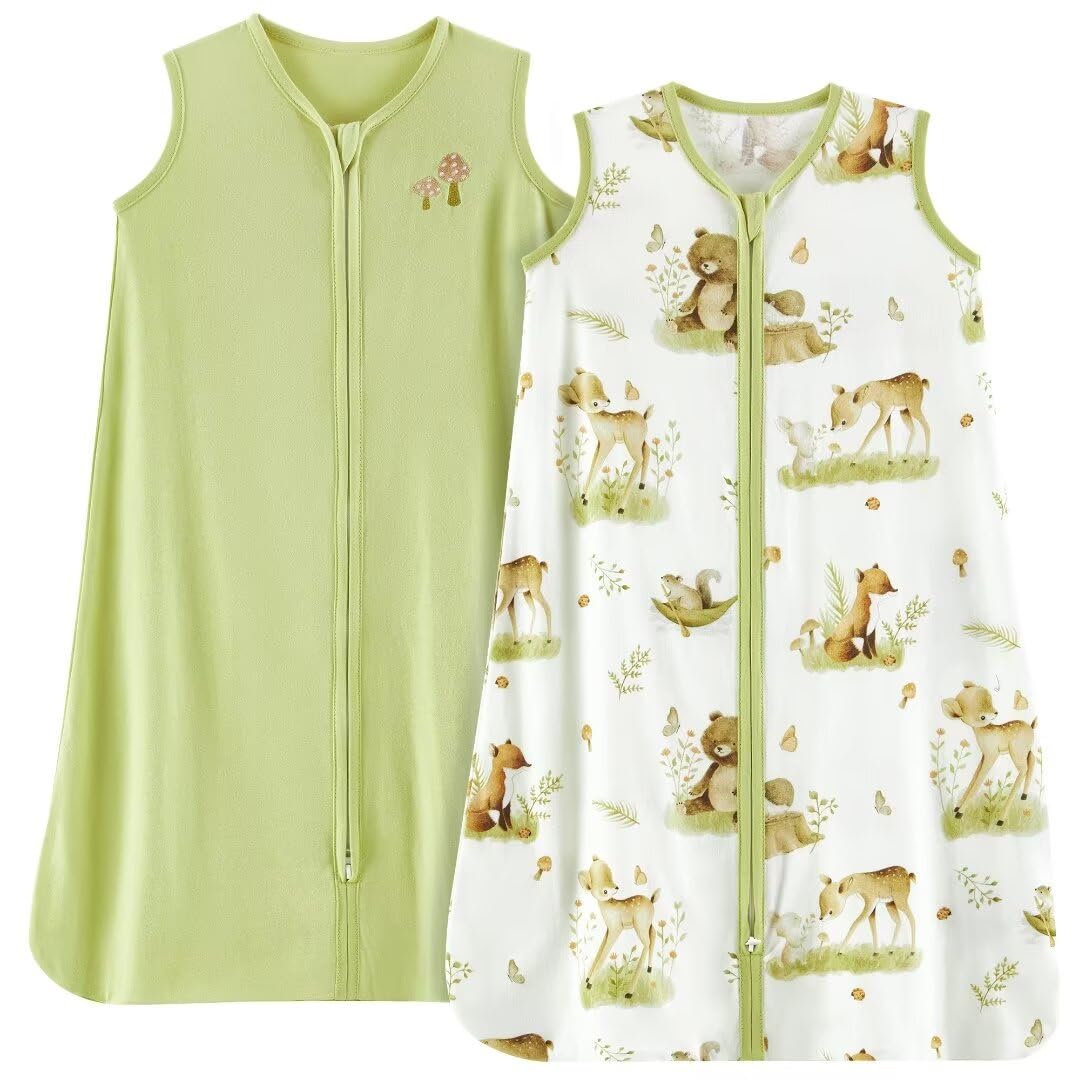 Photo 1 of TILLYOU Sleep Sack 18-24 Months - 0.5 TOG Baby sleep sacks with 2-Way Zipper, Lightweight Cotton Summer Sleepsack 2 Pack, Playing in the woods and green