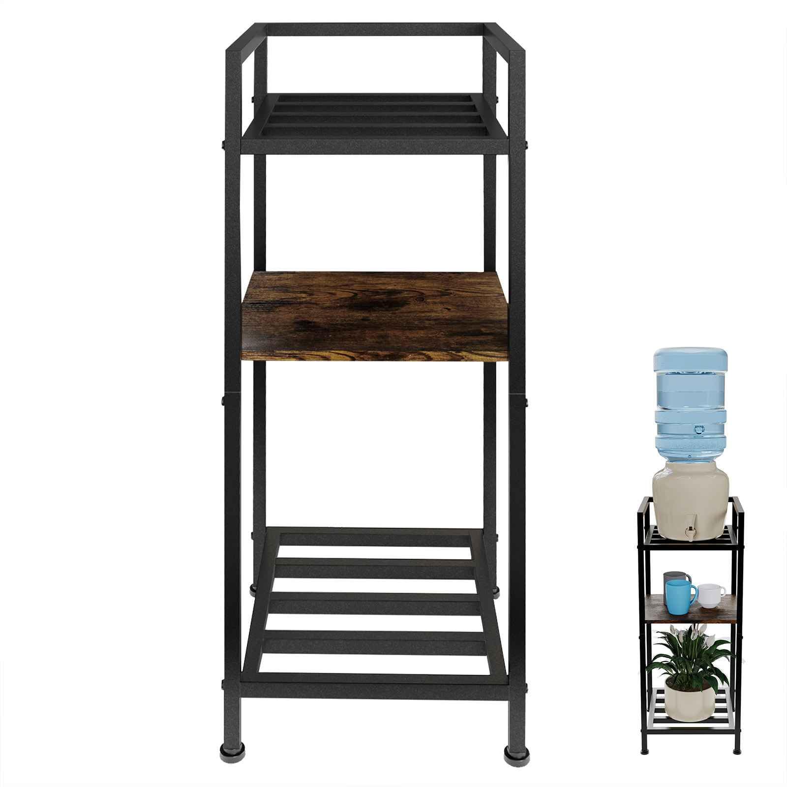 Photo 1 of Yuoziyy Water Dispenser Stand 5 Gallon Water Jug Holder 3-Tier 32'' Metal with Wood Jug Holder for 1-5 Gallon Water Bottles/Crocks and Plants Floor Stand (3-Tier(1 Wood+ 2 Metal))