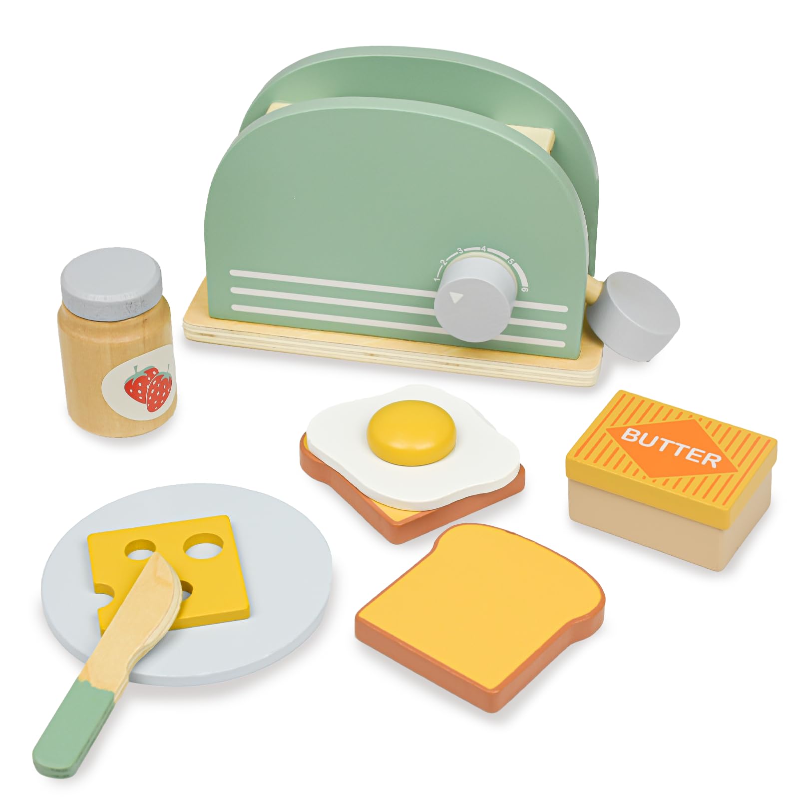 Hyacinthy Wooden Kitchen Toys, Wooden Toy Toaster with Wooden Bread and Butter, Play Food Kitchen for Kids, Role Play Toys for Boys Girls