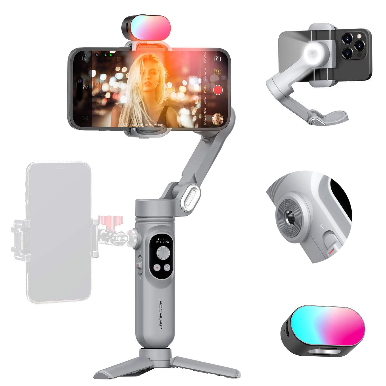 AOCHUAN 3-axis Phone Gimbal Stabilizer for Video Recording,Smartphone Gimbal for iPhone Android w/AI Tracking,1/4 Thread,RGB Magnetic Light,Handheld Gimbal for Selfie, TikTok,YouTube-Smart X Kit Gray