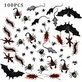 XONOR 100 Pieces Plastic Realistic Bugs - Fake Cockroaches, Spiders, Scorpions, Ants, Geckoes, Centipedes, Mice, Flies, Bats for Halloween Party Favors and Decoration