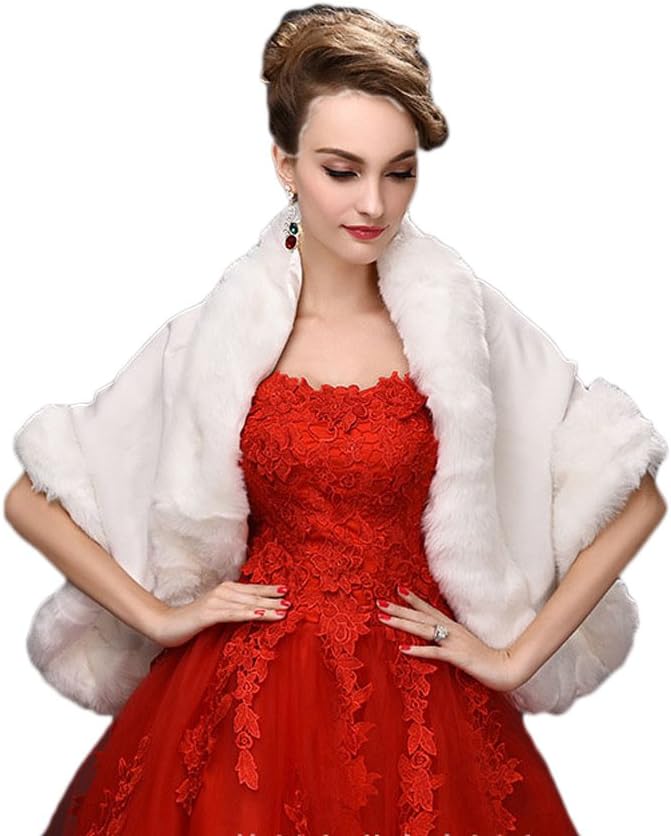 Telamee Women's 2019 Bridal Cape Wrap Scarves Faux Fur Shawl for Wedding Evening