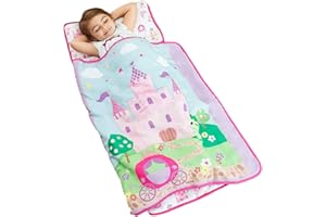 EVERYDAY KIDS Toddler Nap Mat with Removable Pillow -Princess Storyland- Carry Handle with Fastening Straps Closure, Rollup Design, Soft Microfiber for Preschool, Daycare, Sleeping Bag -Ages 2-6 years