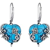 Natural Turquoise Earrings for Women 925 Sterling Silver Rose Flower with Heart Cut Turquoise Drop Earrings