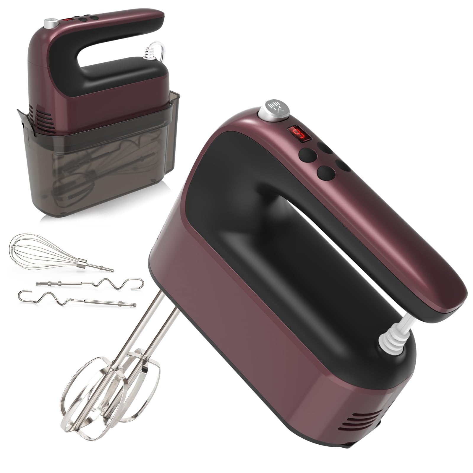 Photo 1 of Yomelo 9-Speed Digital Hand Mixer Electric, 400W Powerful DC Motor, Baking Mixer Handheld with Snap-On Storage Case, 5 Stainless Steel Accessories, Flat Beaters, Dough Hooks, Whisk (Grape Purple)