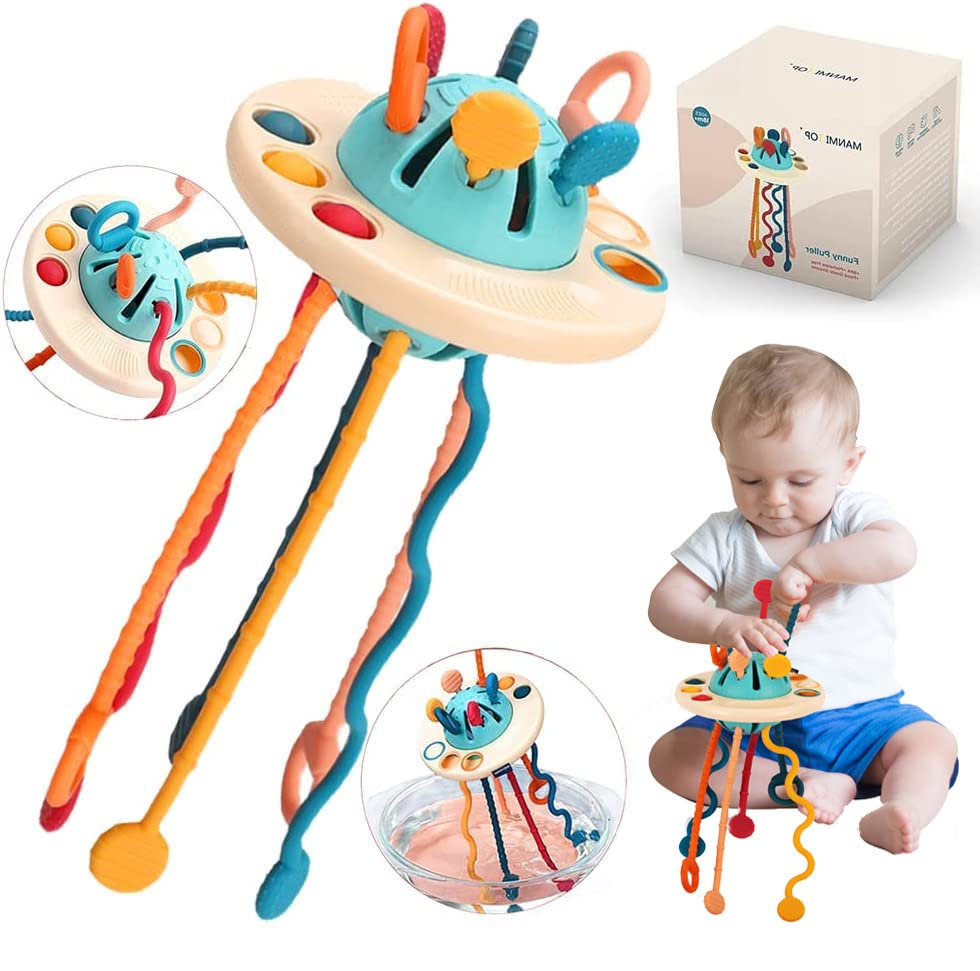 Jokooan Baby Toy 1 2 3 Years, Montessori Toy 1 Year, Sensory Toy for Baby, Teething Toy for Baby 6 9 18 Months, UFO Silicone Pull String Toys Gift for Girl and Boy (Baby Toy-Beige)