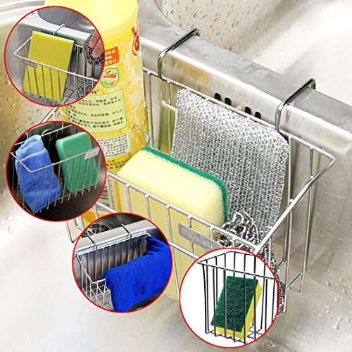PeleusTech Kitchen Sink Caddy, Stainless Steel Sink Hanging Storage Box Draining Kitchen Soap Sponge Holder Rack Brush Sponge Sink Draining Towel Rack Kitchen Tool - Silver - Thumbnail 5