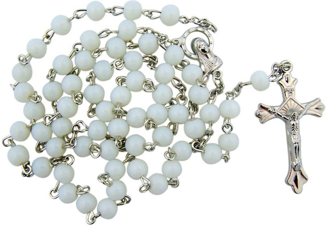 White Glass Beads Rosary, 6mm Beads, Great for Women or Girls (5)