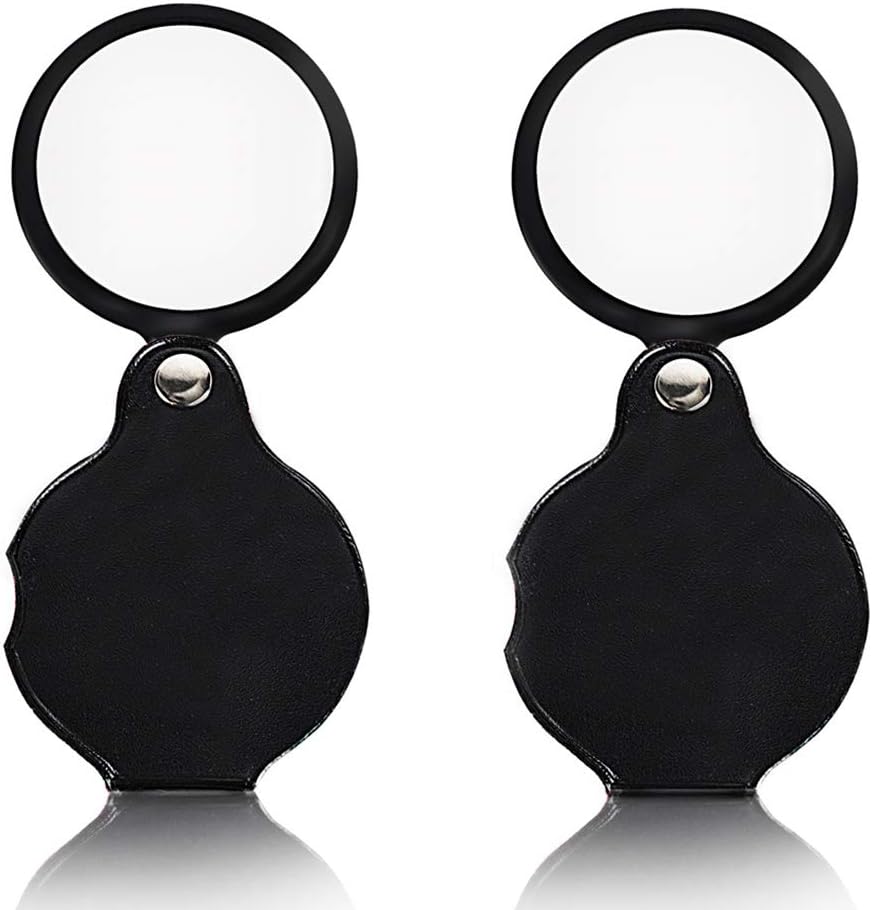 LKERLAN 2pcs 10X Mini Magnifying Glass Folding Pocket Magnifying Glass with Black Rotating Protective Leather Sheath, Professional for Jewelry, Reading, Hobbies, Science, Books 50mm/1.96" (Black)