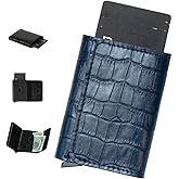 Jenoss Smart Wallet For Men: Full Grain Leather, Slide Metal Pop Up Case, Slim RFID Blocking Credit Card Holder, Minimalist, Compact, 6-8 Cards Organizers, Front Pocket, Money Clip (manda Navy 2)