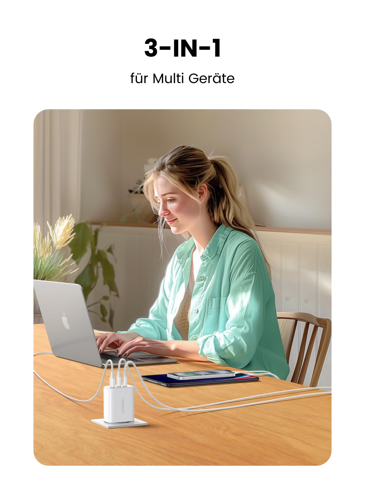 UGREEN USB C Ladegerät 65W PD Netzteil 3-Port Charger Adapter PPS 45W Schnellladegerät kompatibel mit MacBook Pro/Air, iPad, iPhone 17/16/15/14, Galaxy S25 Ultra, Pixel, Steam Deck (Weiß) 3